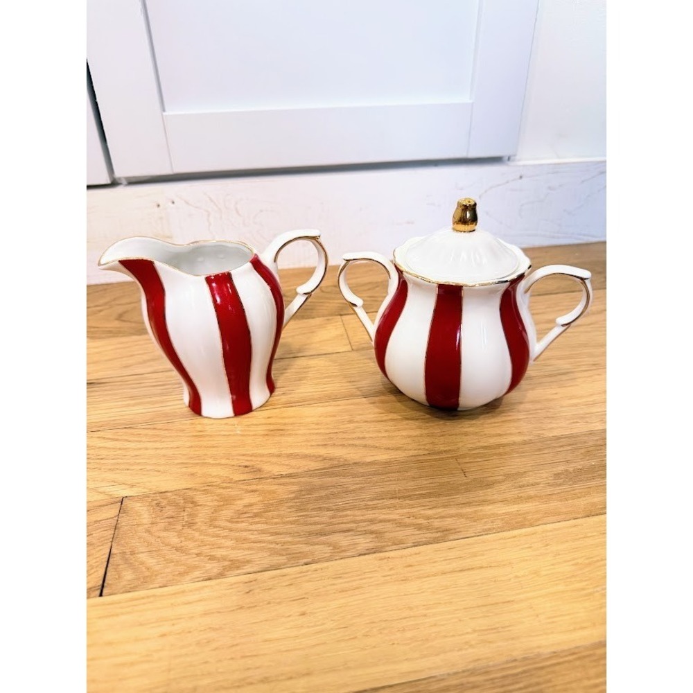 Grace Fine Porcelain Cream and Sugar Set Red and White Stripe Pattern Carousel